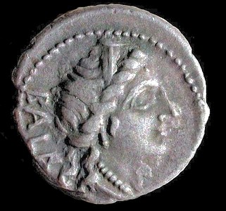 AR denarius, C. Allius Bala 92 BC, obverse diademed Diana