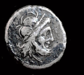Obverse - head of Jupiter right, laureate. Victoriatus c 211 - 209 BC