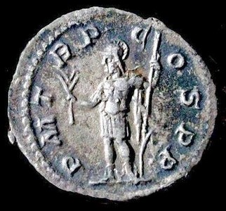 AR denarius AD 222 - 235, reverse, Mars standing, holding olive branch and spear.
