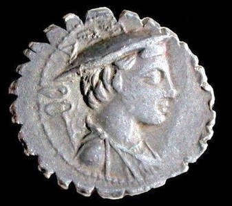 Republican AR denarius, serrated, c. 82 BC, Gaius Mamilius Limetanus. Obverse - bust of Mercury, caduceus behind, wearing winged petasus and chlamys.