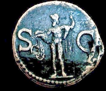 AE as,  reverse - Neptune standing, holding trident, cloak and dolphin.