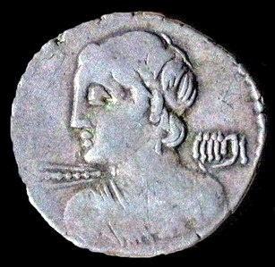 AR denarius 85 BC, obverse image of Veiovis.