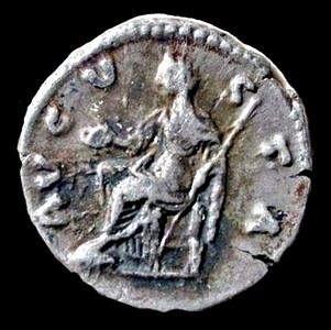 AR denarius of Faustina Maior, reverse - Vesta, veiled, seated left, holding patera and short sceptre.