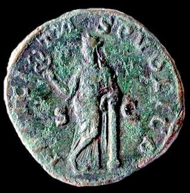 Sestertius of Iulia Mamaea, Felicity standing, holding a caduceus, leaning on a column