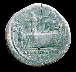 Sestertius of Commodus - distribution scene with Commodus and Aurelius seated, officer, Liberalitas standing, citizen mounting steps.
