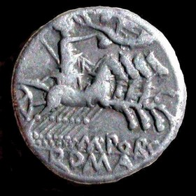 AR denarius of Laeca, 125 BC. Reverse - Libertas driving a quadriga, holding a pileus and a sceptre, crowned by a flying Victory