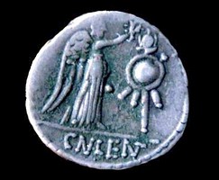 Winged Victory placing a wreath on trophy, AR quinarius C. Lentulus 88 BC