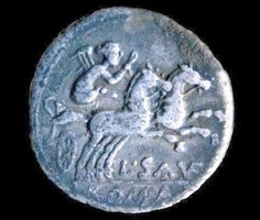Winged Victory in biga, holding whip, AR denarius Saufeius 152 BC