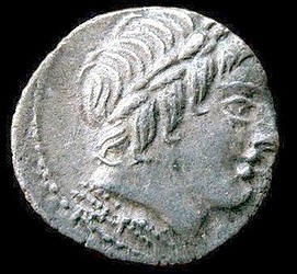 Roman Republican AR denarius, Anonymous. Laureate head of Apollo right, thunderbolt below.