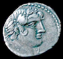 AR denarius, C. Vibius Pansa 90 BC. Obverse, laureate head of Apollo.
