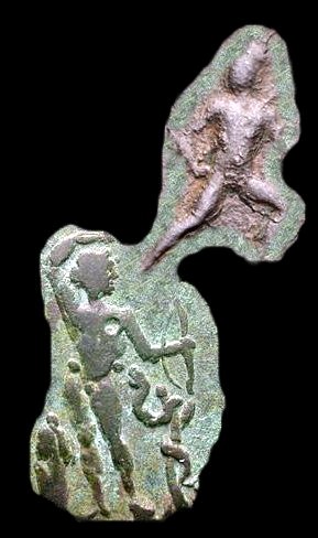 Athletic Apollo shown nude, holding bow and snake.