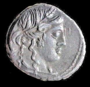 AR denarius 86 BC, Fannius and Critonius. Obverse Ceres facing right, wearing corn-wreath.