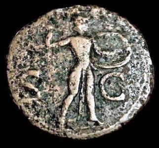 AE as, Claudius AD 41-54. Reverse - Minerva advancing, brandishing javelin, holding shield.