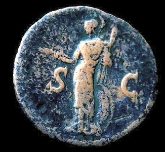 AE as Domitian. Reverse -  Minerva standing, holding thunderbolt and spear, a shield at her feet.