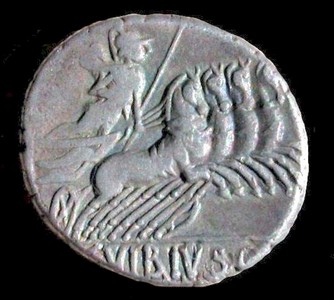 AR denarius C. Vibius C.F. Pansa. Reverse - Minerva driving a quadriga.